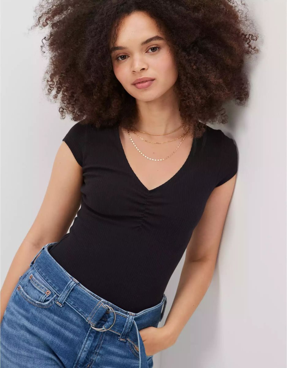 T Shirts American Eagle AE V-Neck Corta-Sleeve Bodysuit Noir Femme | LDV-18997708